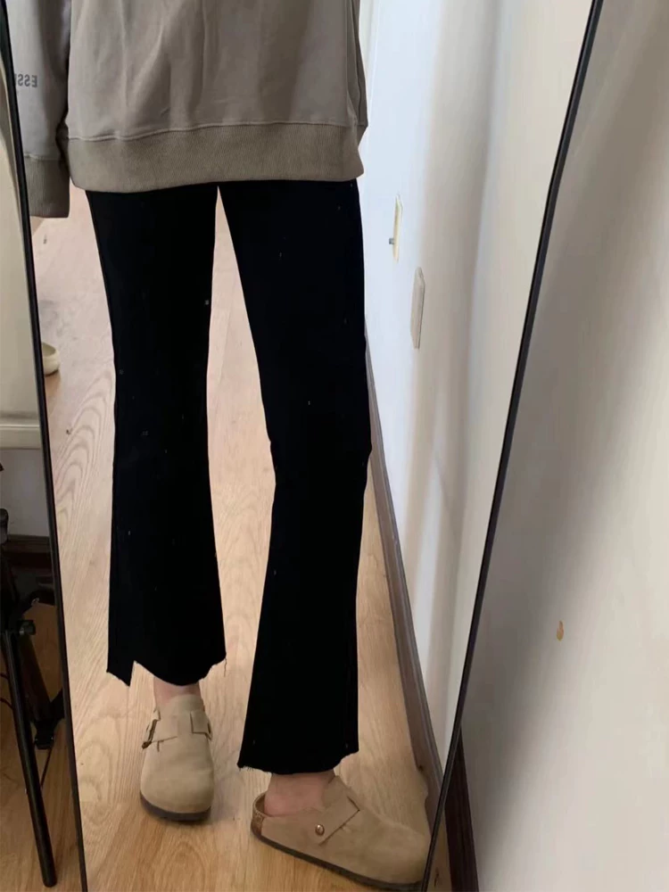 Quần jean dáng quả lê không đều cho phụ nữ cỡ lớn, phong cách đầu thu, lưng cao, co giãn, che hông, giảm béo, quần ống loe nhỏ nhắn