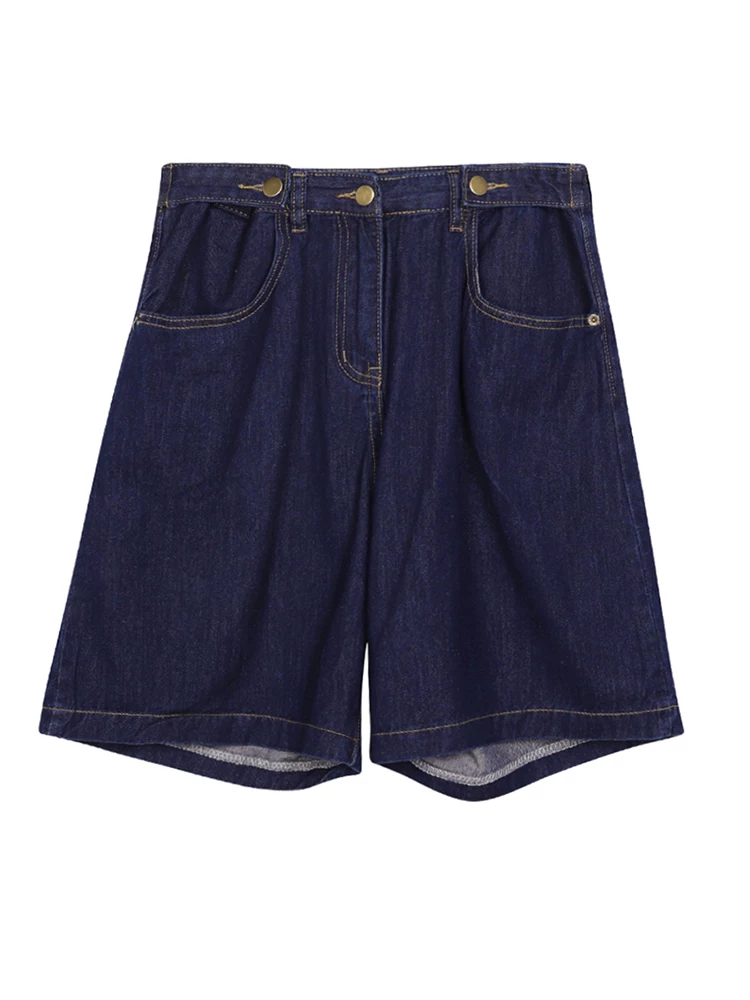 Quần short denim cỡ lớn mùa hè kiểu Hồng Kông dành cho nữ, cạp cao, dáng rộng, thon gọn, đa năng, ống rộng, ống thẳng, dài đến đầu gối.