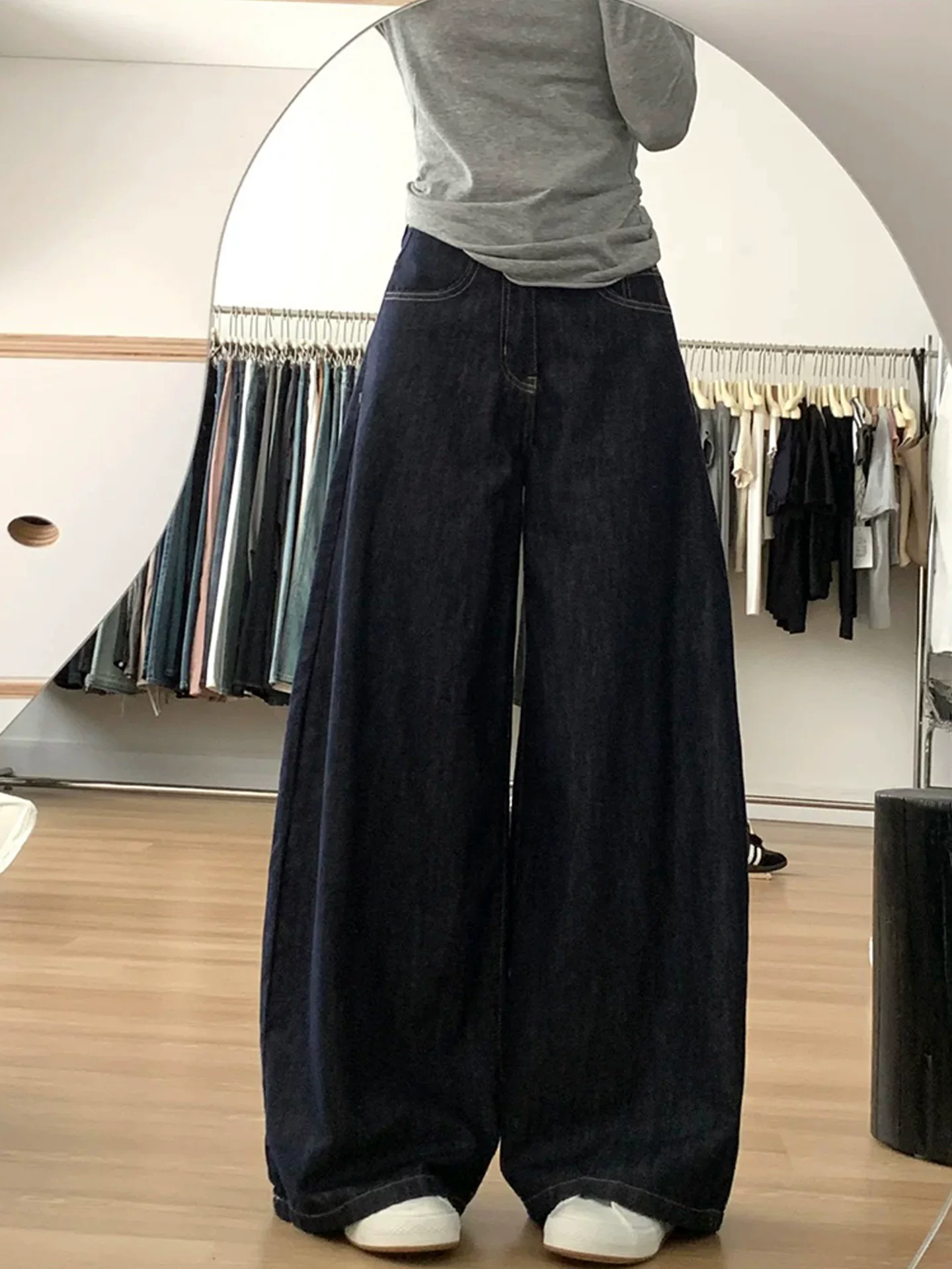 Quần jean ống rộng chữ A lưng cao màu xanh đậm dành cho nữ, mùa thu, cỡ lớn, dáng rộng, tôn dáng, dáng quả lê, quần dài chạm sàn