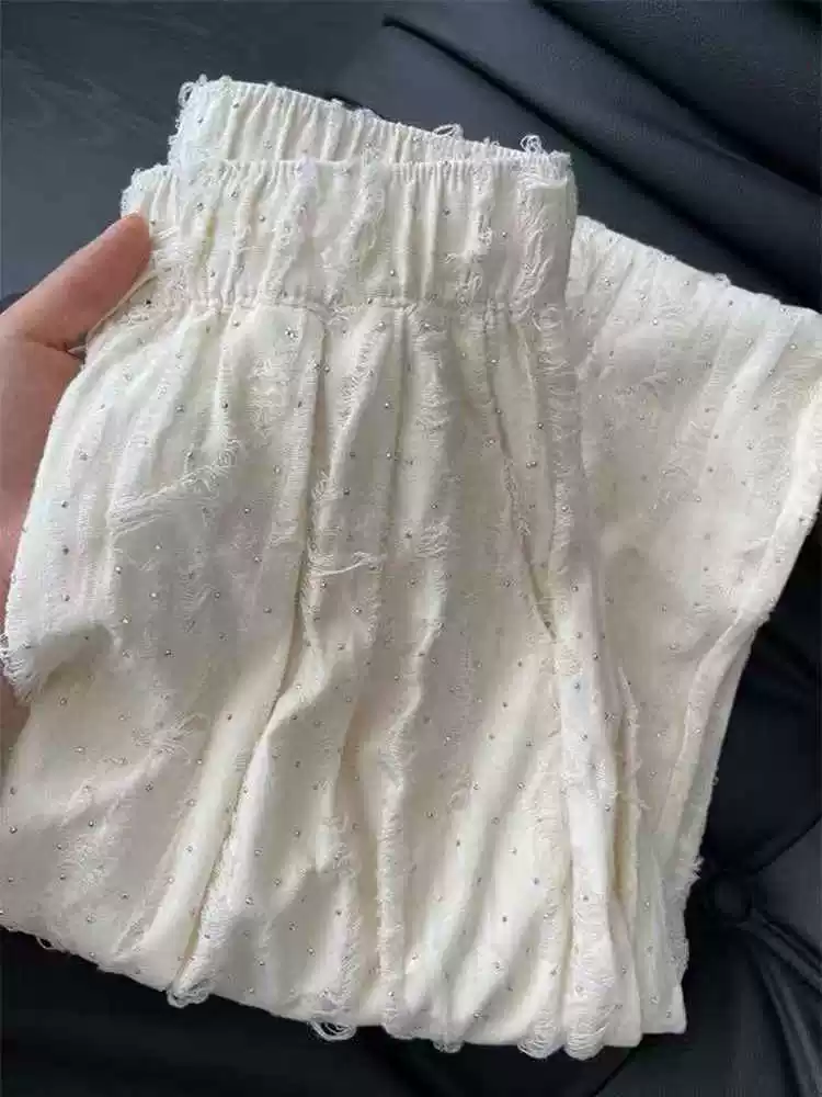 Quần thường ngày đính đá cho nữ, kiểu dáng mỏng mùa hè, cỡ lớn, lưng cao, dáng suôn, thon gọn, dáng quả lê, quần dài ống rộng thẳng