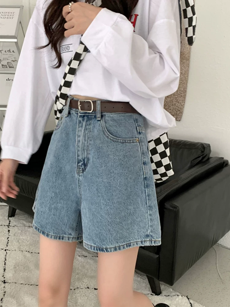 Quần short denim màu xanh nhạt hình quả lê dành cho nữ, quần ống rộng dáng chữ A cạp cao, dáng rộng, tôn dáng, mùa hè, size lớn