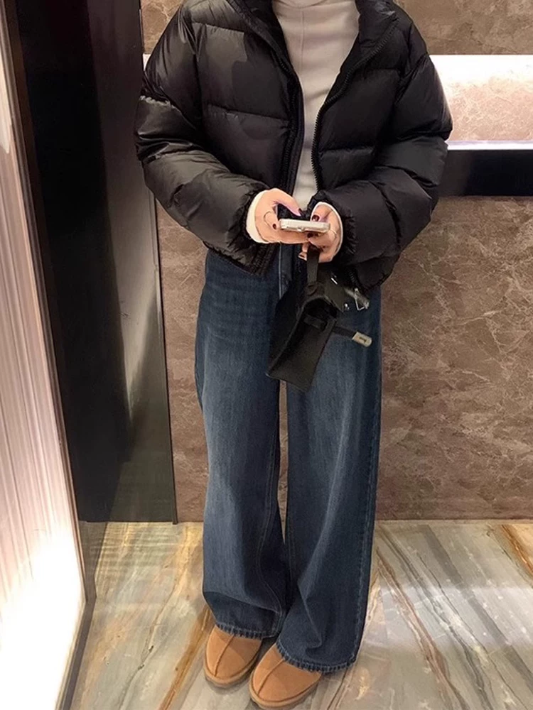 Quần jean nữ ống đứng màu xanh cổ điển, kiểu mới thu đông 2025, size lớn, cạp cao, che hông, tôn dáng, quần ống rộng ôm dáng.