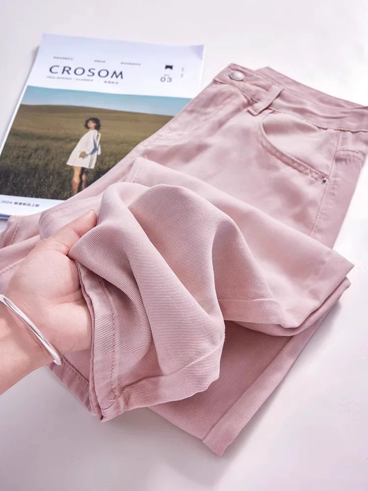 Quần jean Tencel màu hồng dành cho nữ, cỡ lớn mùa hè, lưng cao, dáng rộng, thon gọn, dáng quả lê, quần ống rộng bằng vải lụa băng