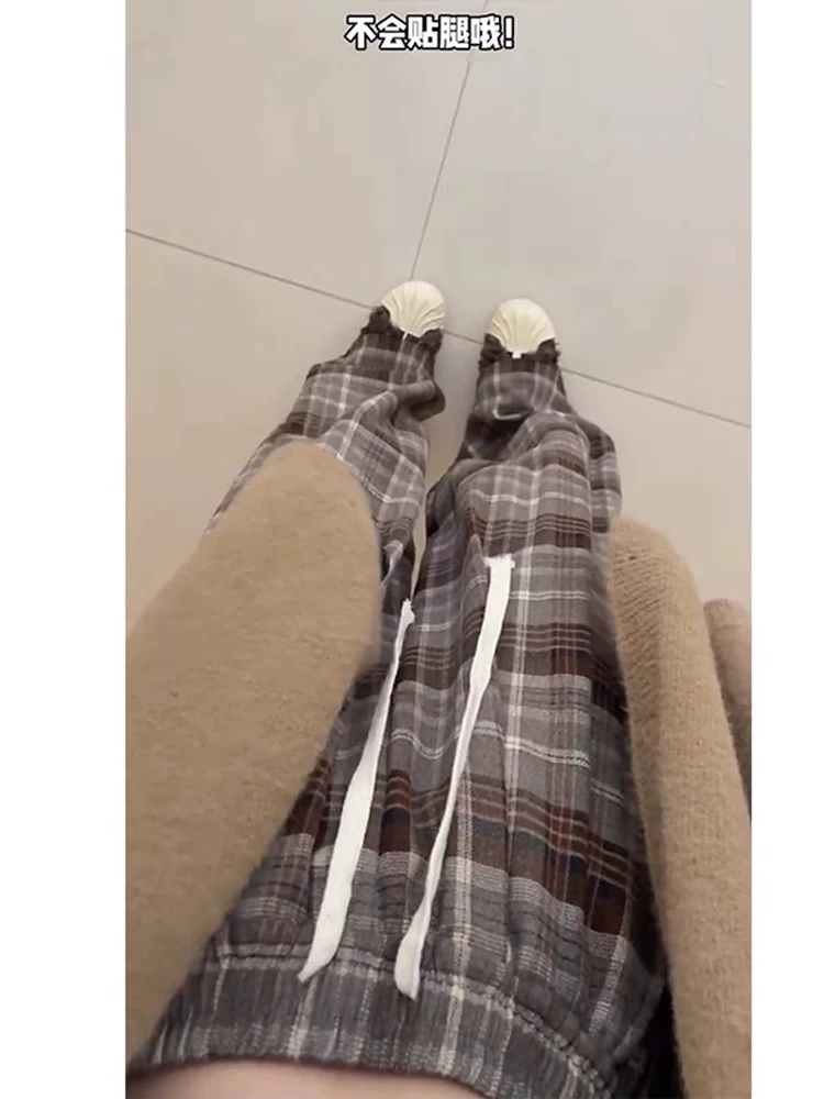 Meilade quần kẻ sọc màu nâu cổ điển dành cho nữ đầu mùa thu cỡ lớn eo cao dáng suôn dáng suôn quần ống rộng