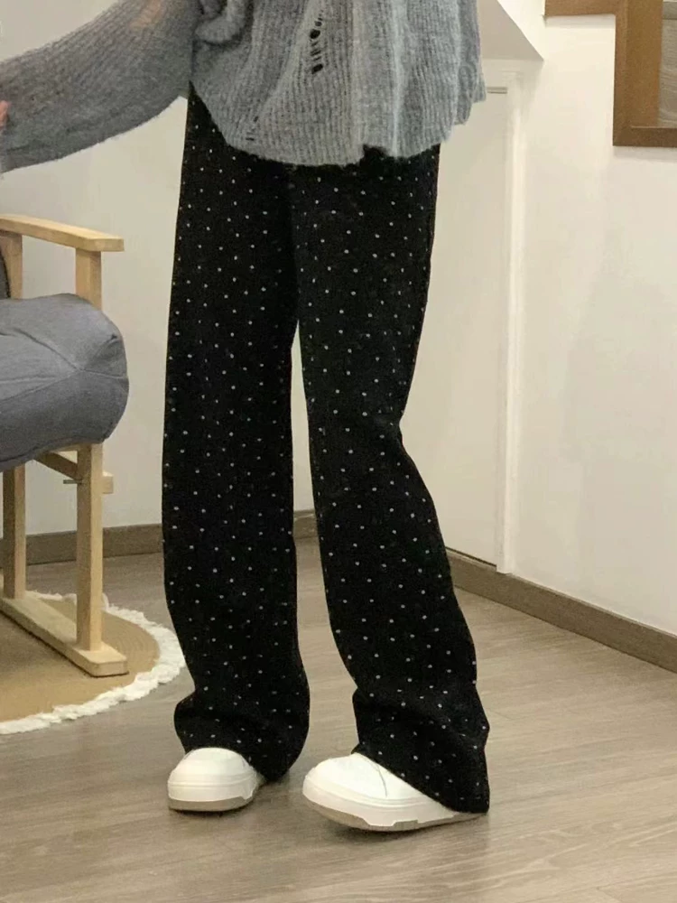 Quần jean ống đứng họa tiết hoa chấm bi phong cách Hàn Quốc dành cho nữ, đầu thu, cỡ lớn, lưng cao, dáng rộng, dáng rộng, quần dài ống rộng