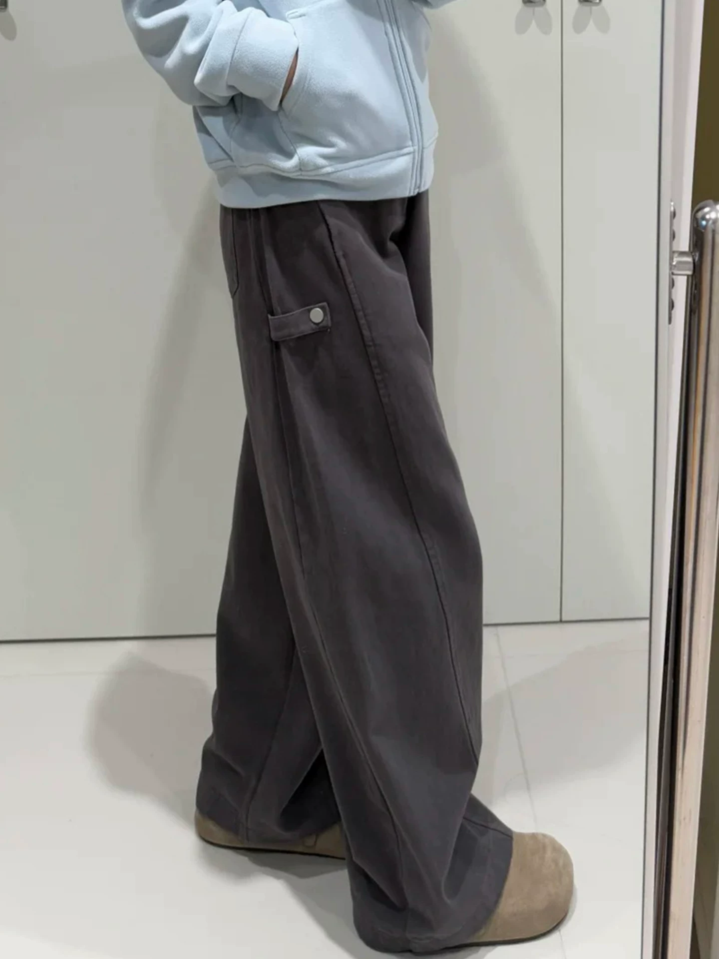 Quần âu nữ thu đông, size lớn, lót lông cừu, quần cargo dày dặn, dáng quả lê, lưng cao, tôn dáng, quần ống rộng