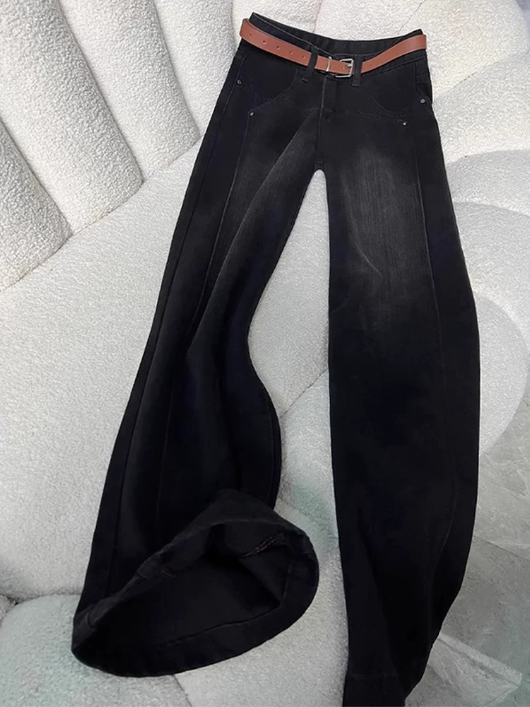 Quần jean ống đứng màu đen và xám dành cho nữ, kiểu dáng mùa thu mới, cỡ lớn, lưng cao, dáng rộng, giảm béo, dáng quả lê, quần ống rộng