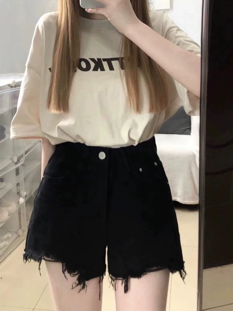 Quần short denim dáng lê dành cho nữ, size lớn mùa hè, cạp cao, dáng rộng, che hông, tôn dáng, dáng chữ A, rách, quần ống rộng