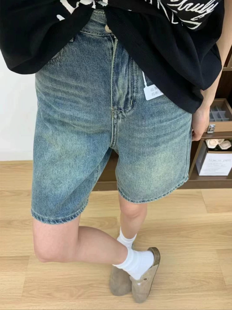 Quần short denim cổ điển hình quả lê dành cho nữ, cỡ lớn mùa hè, lưng cao, dáng rộng, giảm béo, quần ống rộng, quần short dài vừa phải.