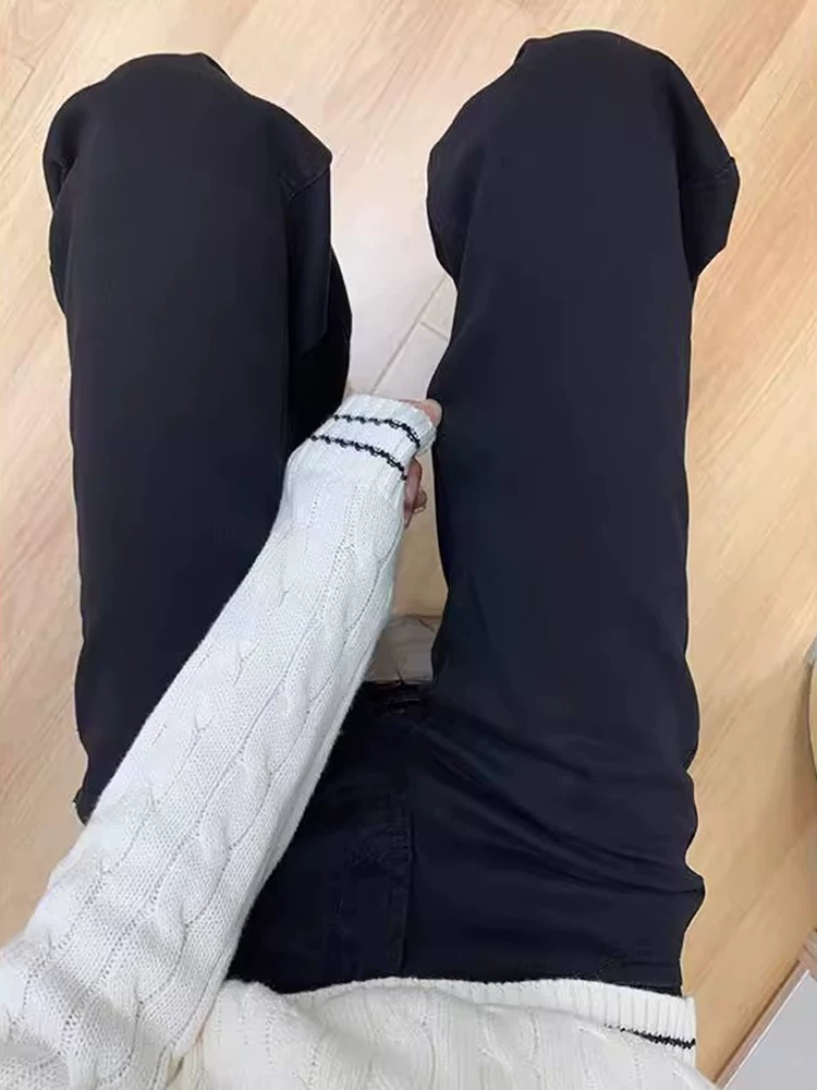 Quần jean đen loe dành cho nữ, lót lông cừu mùa đông, cỡ lớn, dáng quả lê, lưng cao, tôn dáng, che hông, quần ống chuông mùa xuân