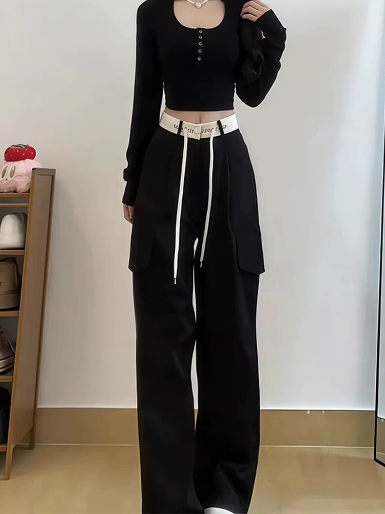 Quần cargo đen nữ, kiểu thu mới, size lớn, cạp cao, dáng rộng, tôn dáng, dành cho người có dáng quả lê, quần ống rộng thường ngày.