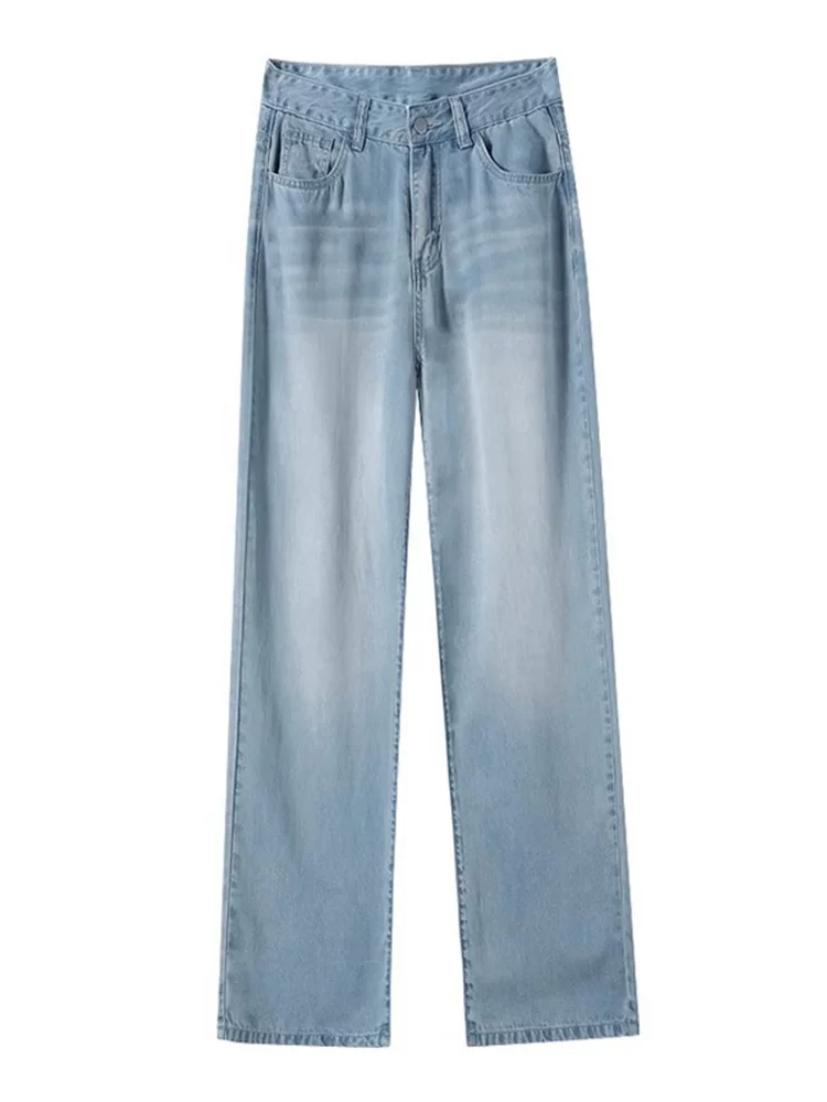 Quần jean lụa băng màu sáng hình quả lê dành cho nữ, kiểu dáng mỏng mùa hè, cỡ lớn, lưng cao, dáng rộng, giảm béo, quần ống rộng Tencel