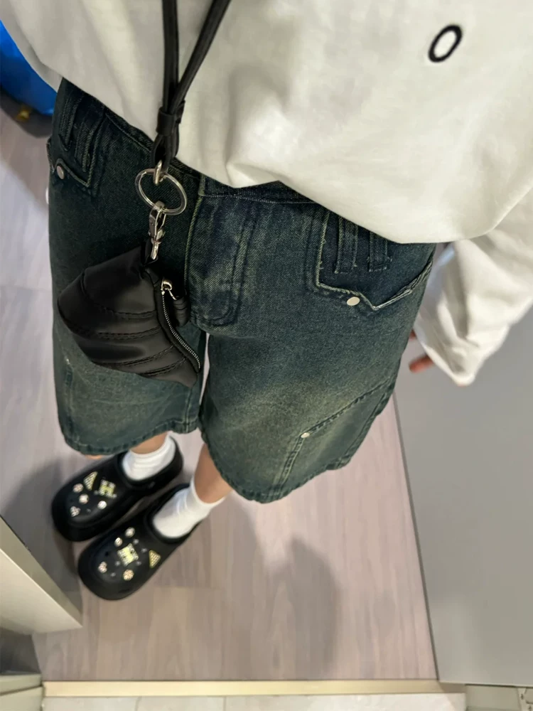 Quần short denim cổ điển kiểu Mỹ dành cho nữ, cỡ lớn mùa hè, lưng cao, dáng rộng, thon gọn, dáng quả lê, quần short dài vừa phải ống rộng