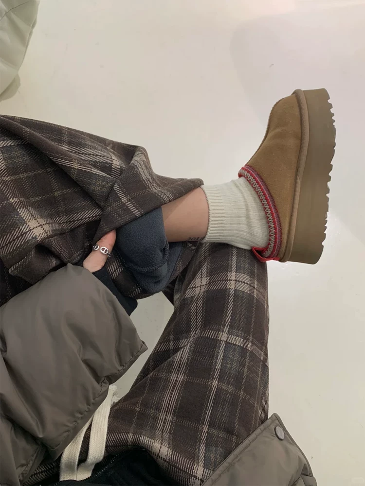 Quần âu kẻ sọc len cổ điển dành cho nữ, mùa thu đông, cỡ lớn, lót lông cừu, cạp cao, dáng suôn, che hông, giảm béo, quần ống rộng.