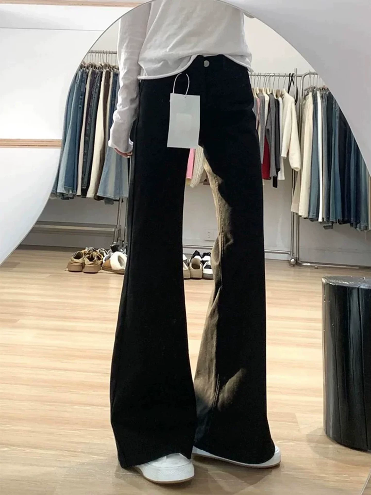 Quần jean ống loe màu đen dành cho nữ, phong cách đầu thu, cỡ lớn, lưng cao, co giãn, che hông, giảm béo, dáng quả lê, quần ống chuông