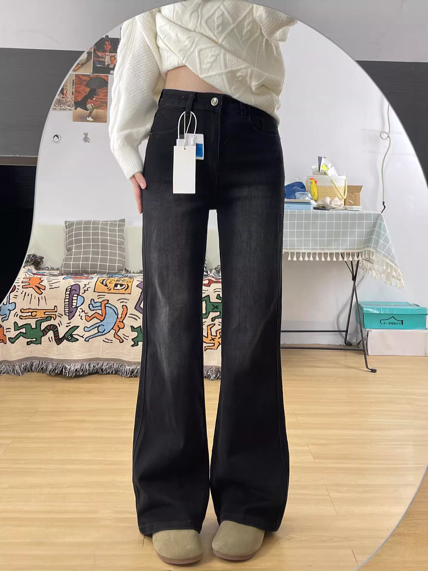 Quần jean ống loe dáng thẳng cổ điển dành cho nữ, kiểu dáng thu mới, size lớn, cạp cao, tôn dáng, quần dài ống loe hẹp