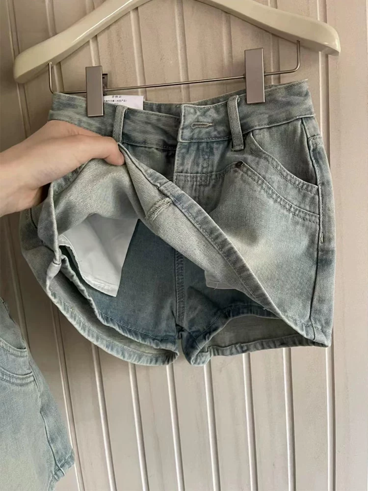 Váy ngắn denim dáng quả lê dành cho nữ, size lớn mùa hè, lưng cao, co giãn, che bụng, quần váy chữ A giảm béo.