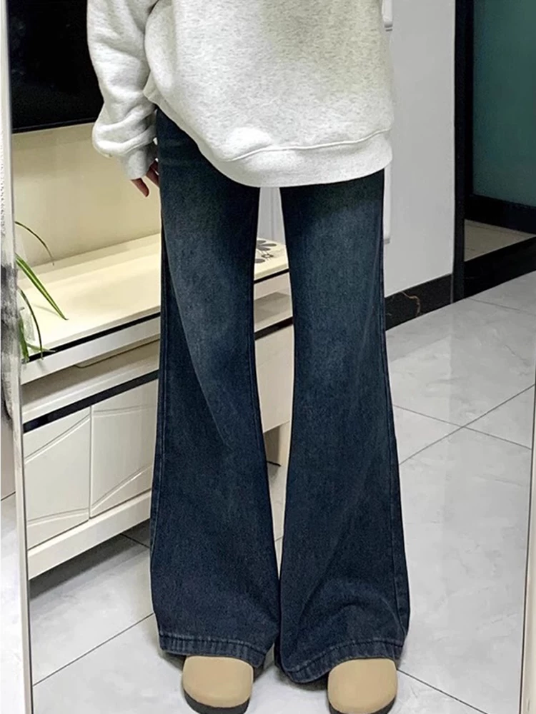 Quần jean ống loe dày lót lông cừu dành cho nữ, mùa thu đông, cỡ lớn, lưng cao, dáng rộng, thon gọn, không bó sát ở chân, quần ống chuông.