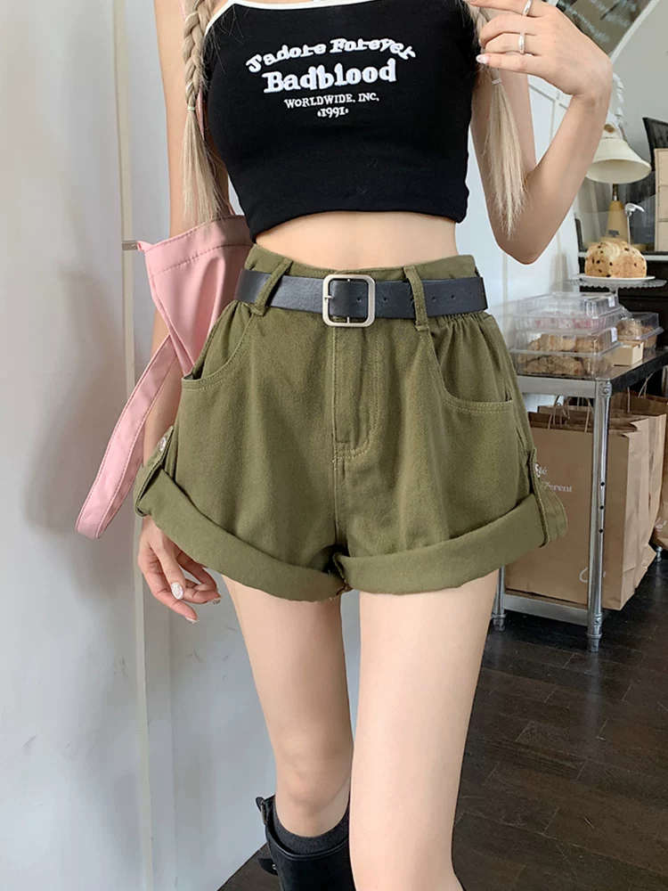 Quần short denim viền xanh quân đội dành cho nữ, cỡ lớn mùa hè, lưng cao, dáng rộng, che hông, quần ống rộng chữ A tôn dáng