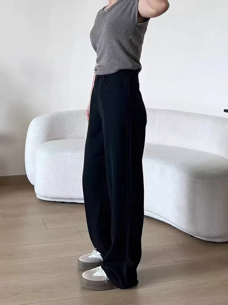 Quần jean lụa đen dành cho nữ, kiểu dáng mỏng mùa hè, cỡ lớn, lưng cao, dáng rộng, mềm mại, tôn dáng, quần ống rộng Tencel.