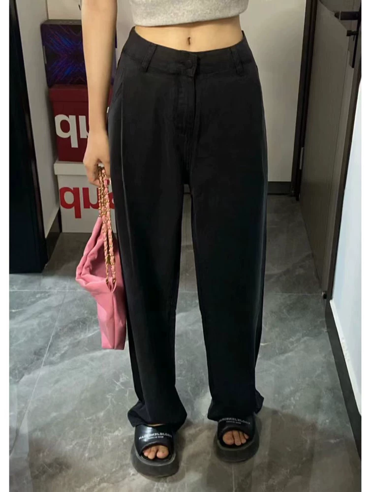 Quần jean ống đứng Tencel màu đen dành cho nữ, mùa xuân, cỡ lớn, lưng cao, dáng rộng, che hông, giảm béo, quần ống rộng bằng vải lụa băng