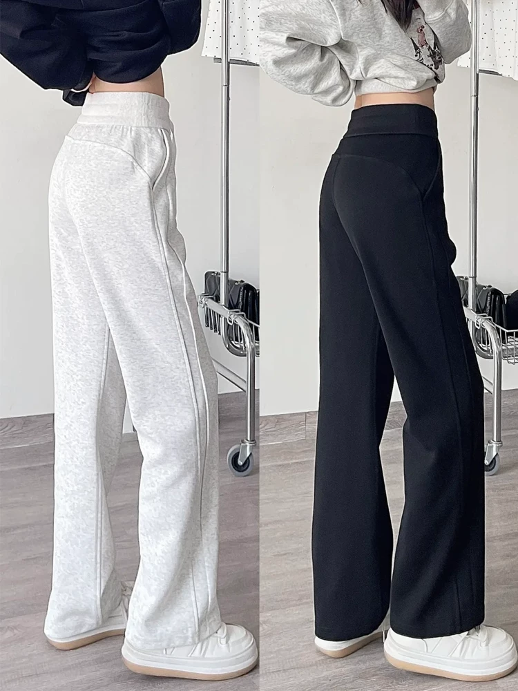 Quần thể thao màu xám đậm dành cho nữ, mùa xuân, cỡ lớn, cạp cao, che hông, giảm béo, dáng quả lê, quần thể thao ống rộng.