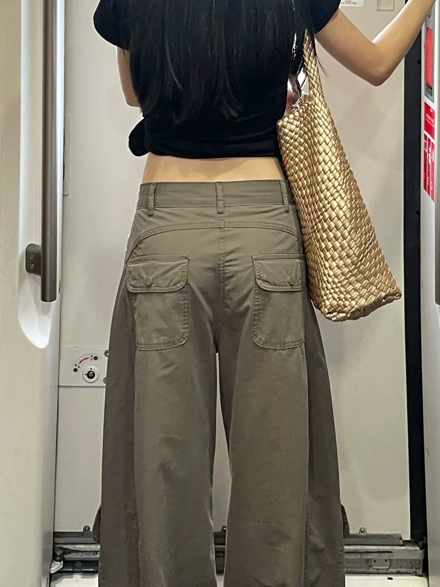 Quần cargo kiểu scimitar của Mỹ dành cho nữ, mùa thu, cỡ lớn, lưng cao, dáng rộng, giảm béo, dáng quả lê, quần ống rộng thông thường