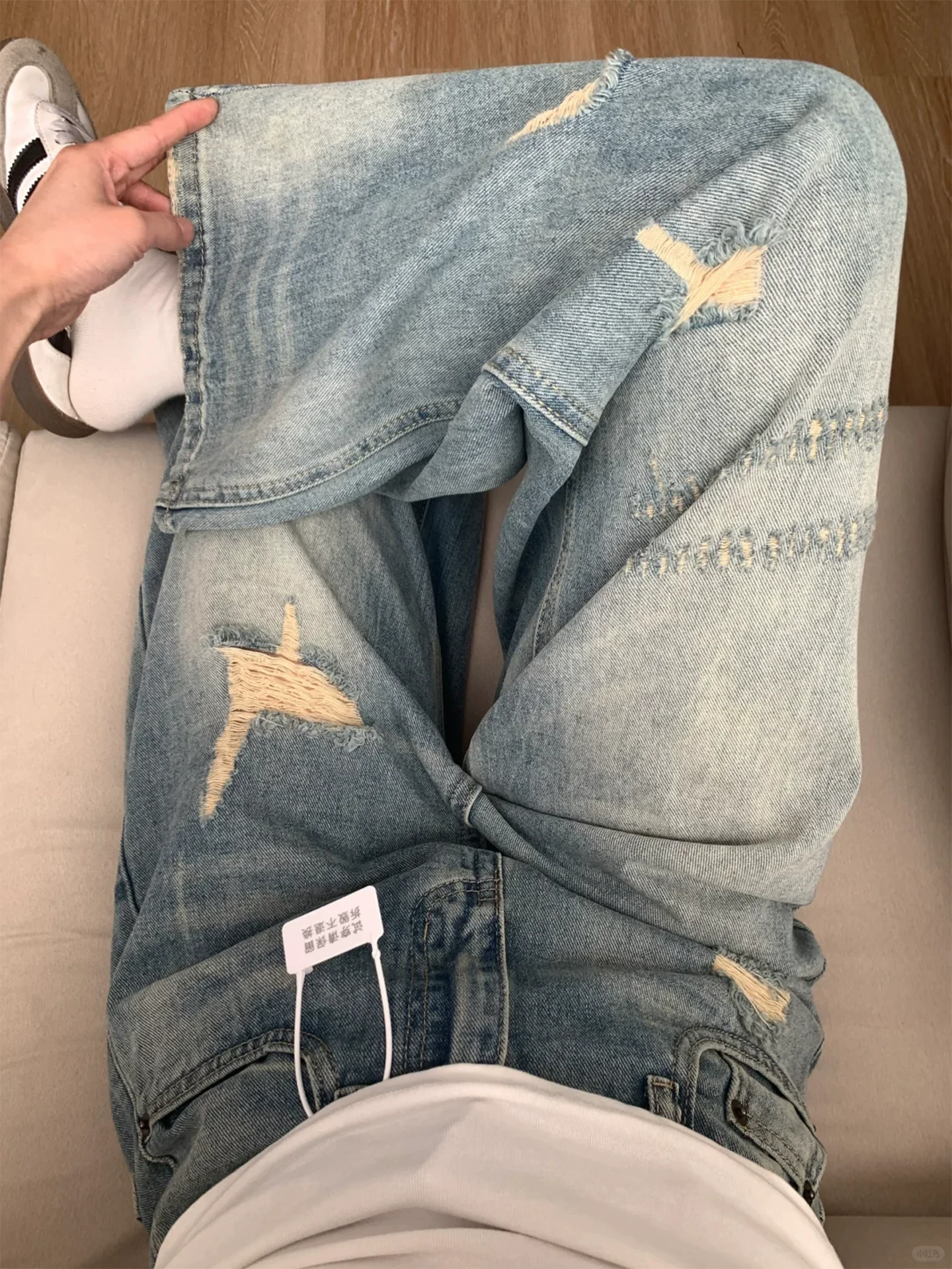 Quần jeans rách nữ, kiểu mới đầu thu 2025, size lớn, cạp cao, dáng rộng, tôn dáng, quần ống rộng thẳng, phong cách thường ngày