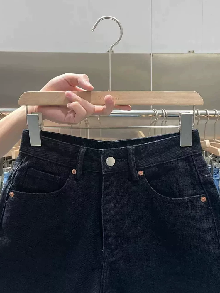 Quần short denim lưng cao màu đen dành cho nữ, dáng quả lê mùa hè, cỡ lớn, lưng cao, che hông, co giãn, quần chữ A tôn dáng