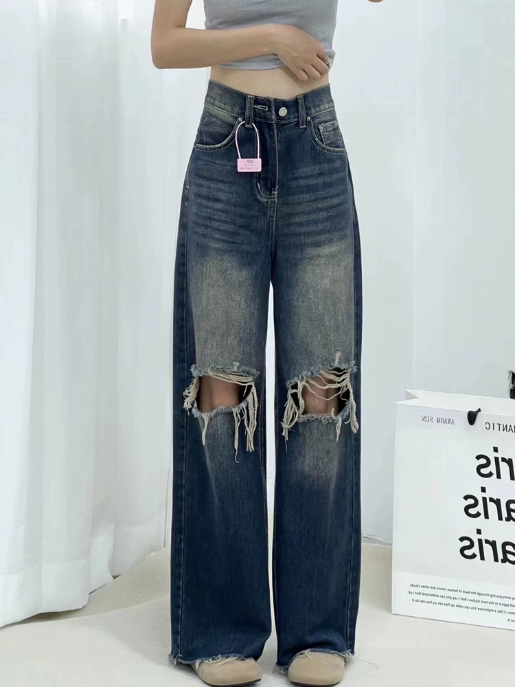 Quần jean rách cho nữ, kiểu dáng mùa hè mới, mỏng, cỡ lớn, lưng cao, dáng rộng, giảm béo, quần ống thẳng, quần ống rộng che hông