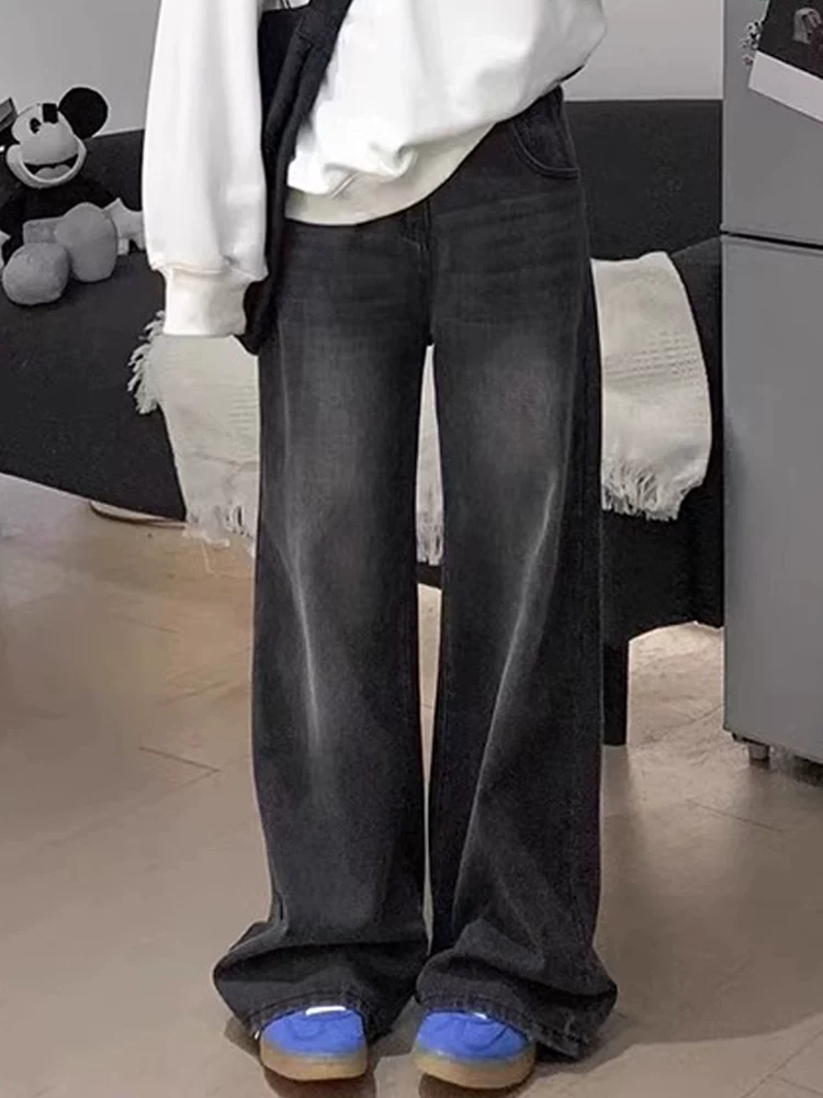 Quần jean ống đứng màu đen và xám dành cho nữ, cỡ lớn, kiểu dáng mới mùa thu, cạp cao, dáng rộng, che hông, tôn dáng, ống rộng, dài chạm sàn.