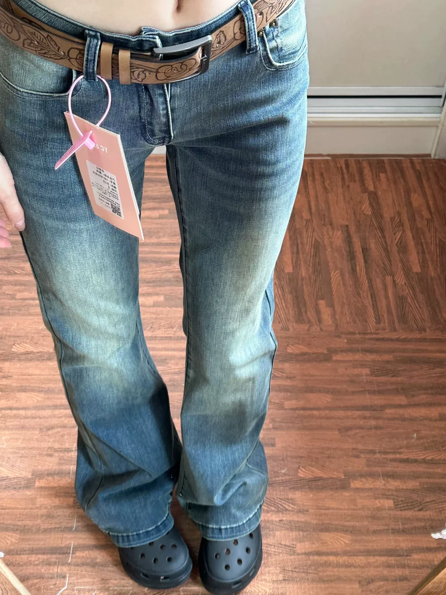 Quần jean ống loe dáng thẳng cổ điển dành cho nữ, đầu thu, size lớn, cạp cao, co giãn, che hông, dáng nhỏ nhắn, tôn dáng, quần ống loe