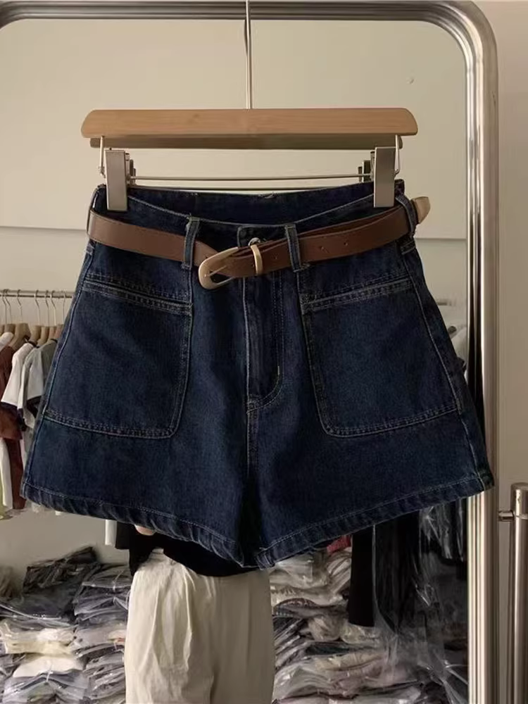 Quần short denim cổ điển dáng quả lê dành cho nữ, kiểu dáng mỏng mùa hè, cỡ lớn, lưng cao, dáng rộng, quần ống rộng chữ A giúp giảm béo.