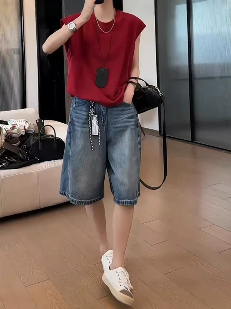 Quần short denim cổ điển dáng quả lê dành cho nữ, cỡ lớn mùa hè, lưng cao, dáng rộng, che hông, giảm béo, quần ống rộng năm điểm