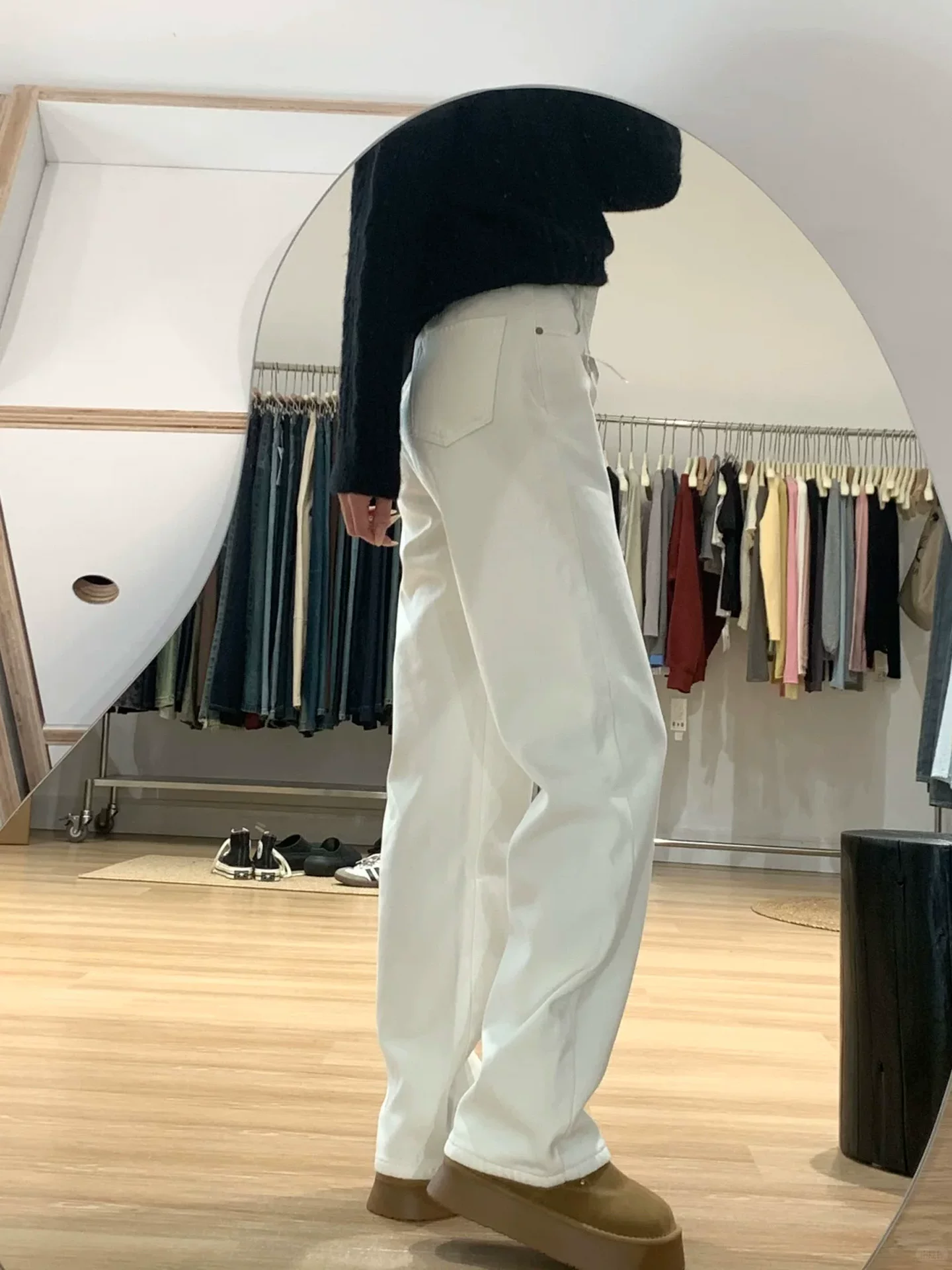 Quần jean ống đứng dày lót lông cừu màu trắng dành cho nữ, cỡ lớn mùa đông, cạp cao, dáng rộng, dáng rộng, che hông, quần ống rộng