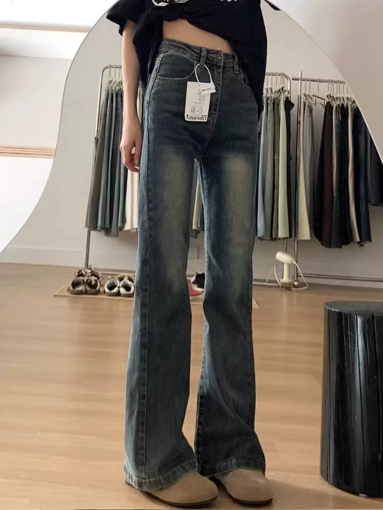 Quần jean xòe màu xanh cổ điển dáng quả lê dành cho nữ phong cách đầu thu cỡ lớn quần ống rộng che hông cạp cao giảm béo