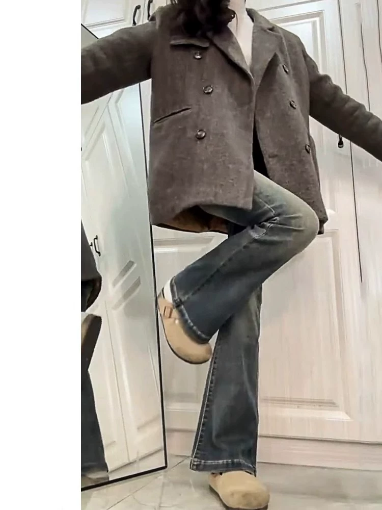 Quần jean xanh vintage dáng loe dành cho nữ, mùa thu đông, lót lông cừu, dày dặn, cỡ lớn, cạp cao, che hông, dáng suôn, tôn dáng, quần ống chuông.