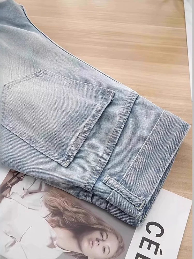 Quần jean Tencel màu xanh nhạt dành cho nữ, kiểu dáng mỏng mùa hè, cỡ lớn, lưng cao, dáng rộng, tôn dáng, quần ống rộng bằng vải lụa băng mềm mại.