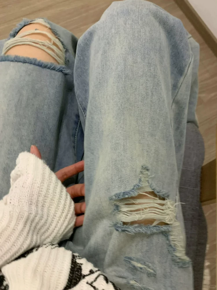 Quần jeans xanh nhạt rách gối nữ, hè 2025, kiểu dáng mỏng, size lớn, cạp cao, dáng rộng, tôn dáng, dành cho người có thân hình quả lê, quần ống rộng