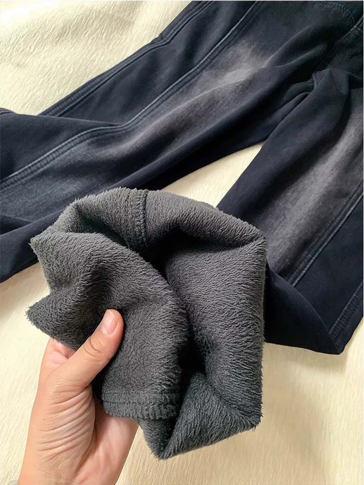 Quần jean ống thẳng dày lót lông màu đen và xám dành cho nữ, mùa thu đông, cỡ lớn, lưng cao, dáng rộng, che hông, quần ống rộng giúp giảm béo.