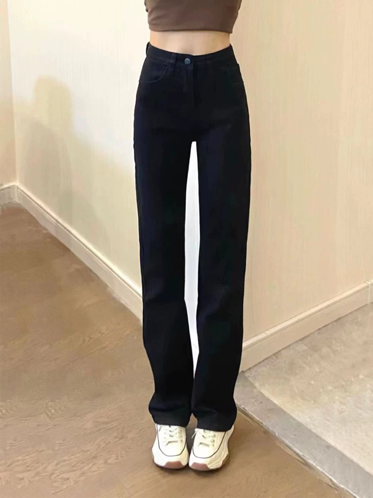 Quần jean ống thẳng dáng quả lê dành cho nữ, cỡ lớn, lót lông cừu, lưng cao, co giãn, che hông, giảm béo, quần ống rộng hẹp