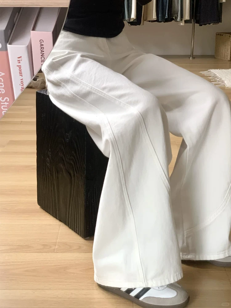 Quần jean ống rộng màu trắng cho nữ, mùa thu, cỡ lớn, lưng cao, dáng rộng, thon gọn, dáng quả lê, vạt cong, quần dài chạm sàn