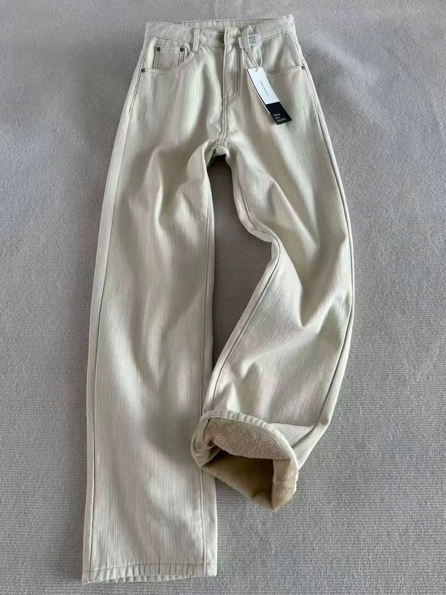 Quần jean ống đứng dày lót lông màu trắng nhạt dành cho nữ, mùa thu đông, cỡ lớn, lưng cao, dáng rộng, dáng quả lê, quần ống rộng