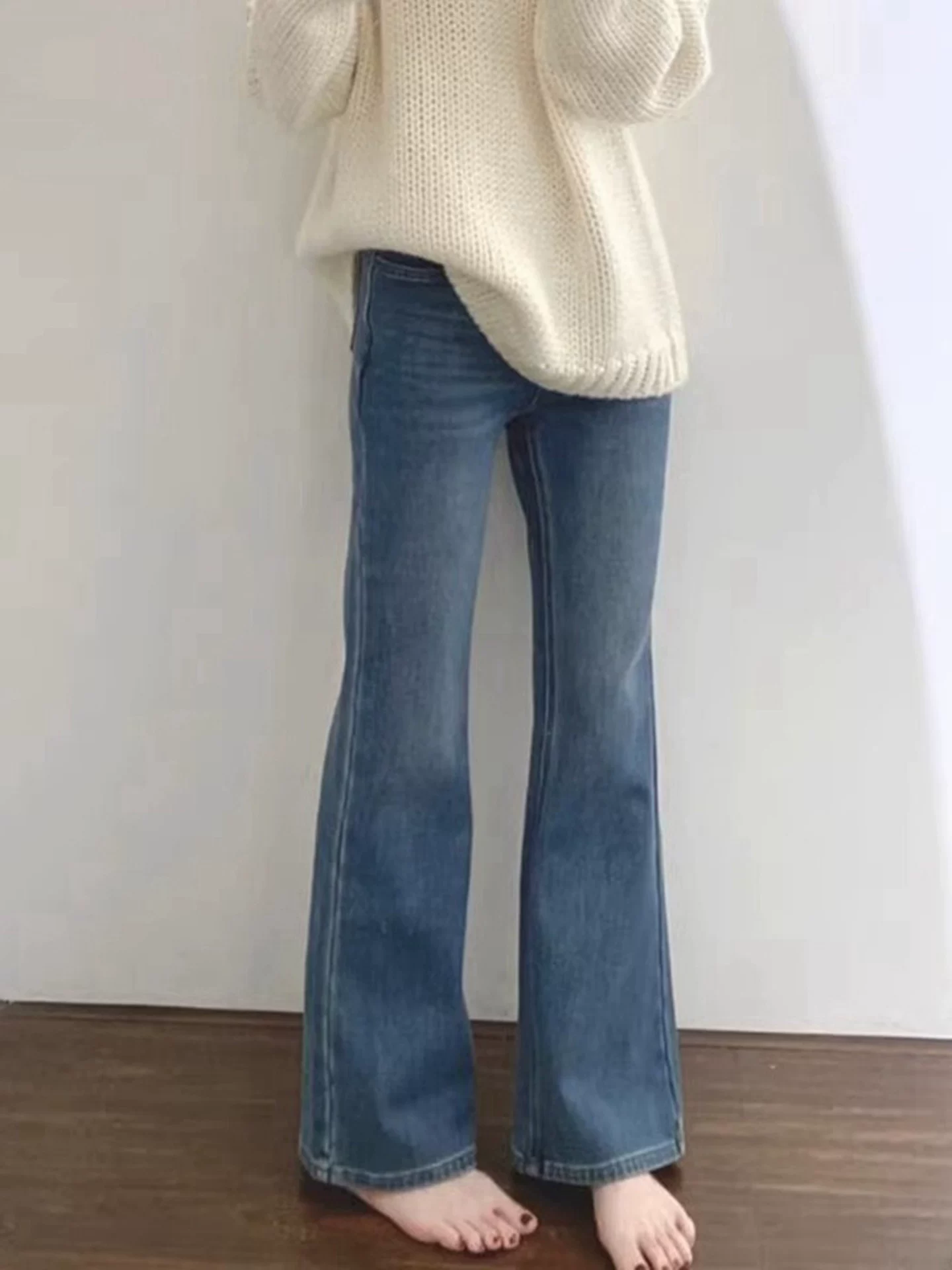 Quần jean xòe màu xanh đậm dành cho nữ, lót lông cừu mùa đông, cỡ lớn, cạp cao, co giãn, che hông, tôn dáng, nhỏ nhắn, quần ống chuông.