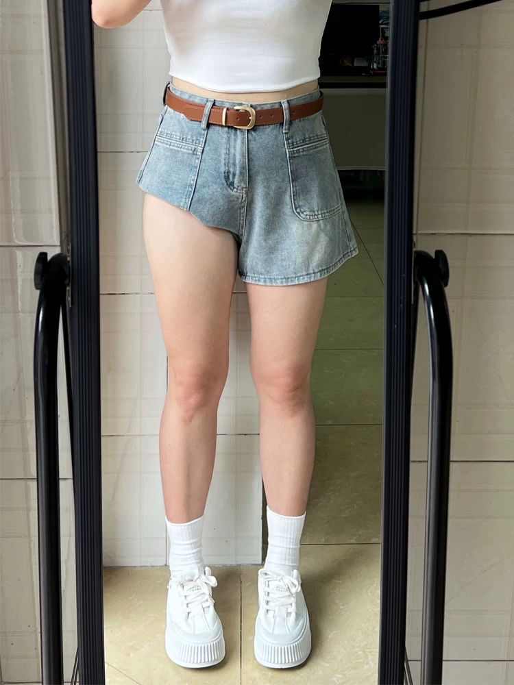 Quần short denim dáng lê dành cho nữ, size lớn mùa hè, dáng nhỏ nhắn, cạp cao, che hông, quần ống rộng chữ A tôn dáng