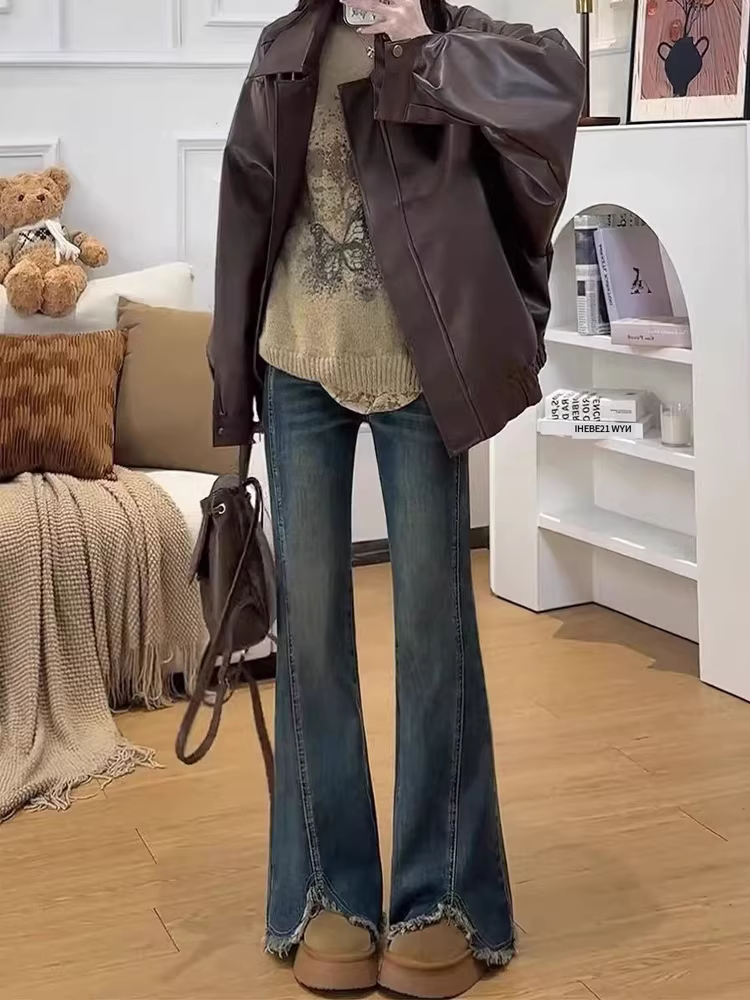 Quần jean xẻ tà dành cho nữ, mùa thu đông, lót lông cừu, cỡ lớn, lưng cao, co giãn, thon gọn, dáng quả lê, quần ống loe