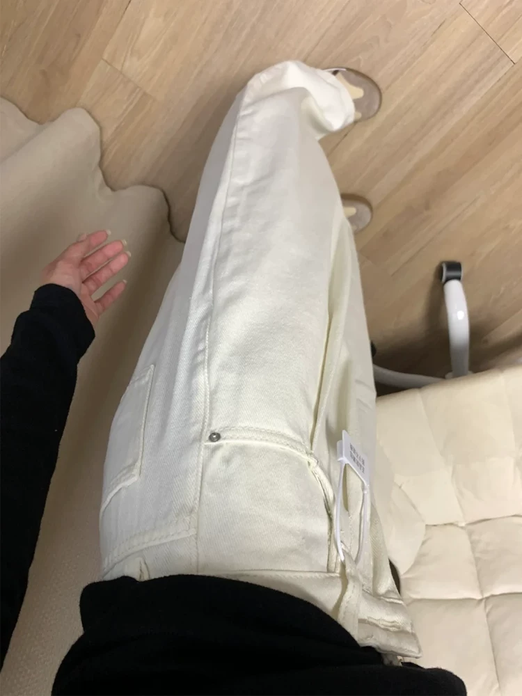 Quần jean ống rộng màu trắng dành cho nữ, mùa xuân hè, cỡ lớn, lưng cao, dáng rộng, thon gọn, dáng quả lê, ống thẳng, quần dài chạm sàn