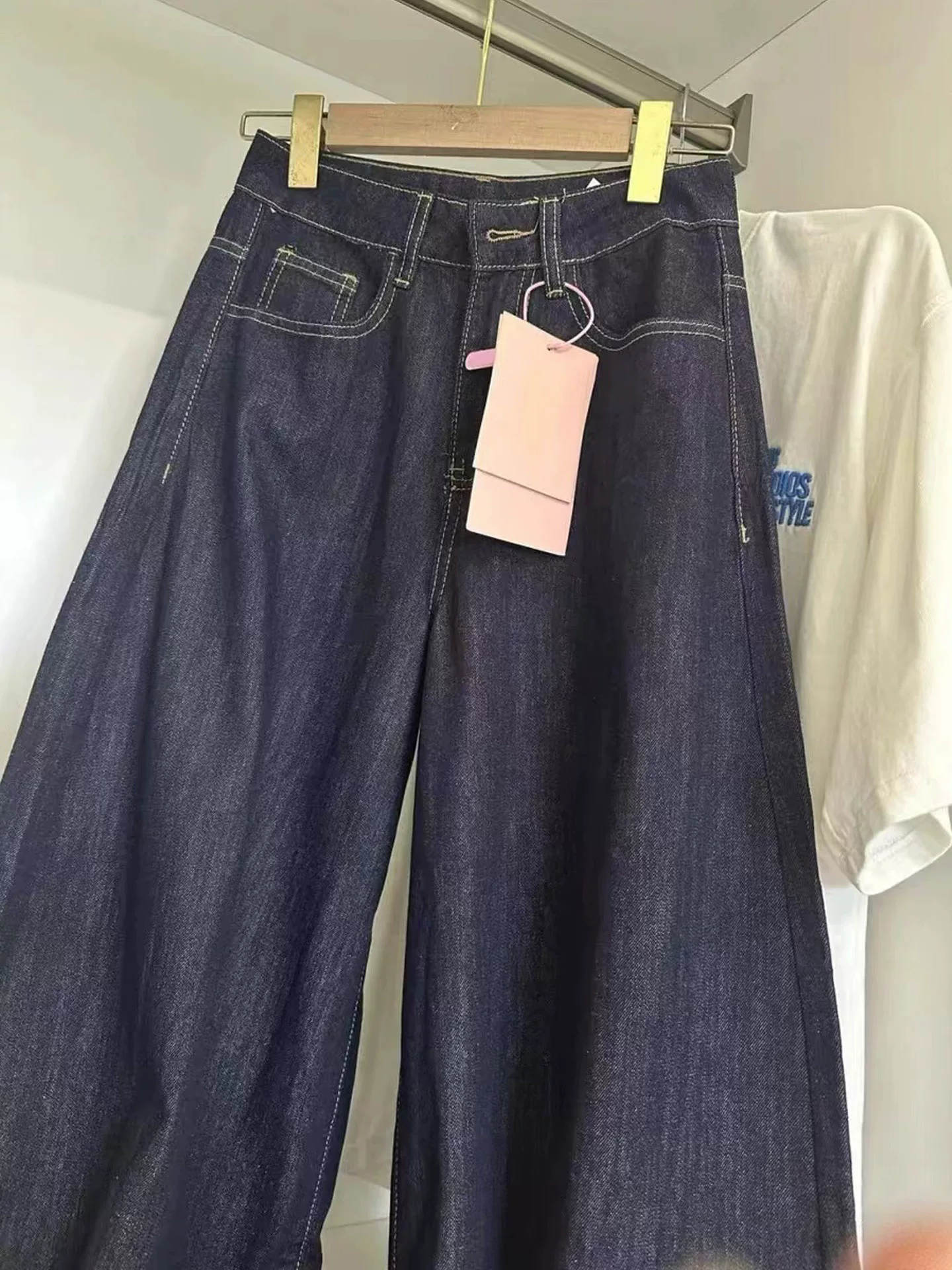 Quần jean ống rộng màu xanh đậm dành cho nữ, size lớn mùa hè, quần dài dáng rộng cạp cao mới mùa thu, dáng suông tôn dáng, dài chấm đất