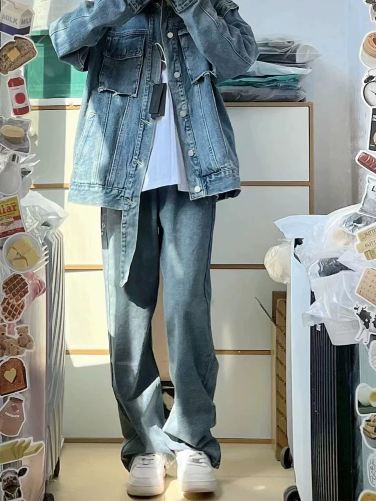 Quần jean ống đứng có thể điều chỉnh dáng quả lê dành cho nữ, cỡ lớn, mùa thu, lưng cao, dáng rộng, che hông, quần ống rộng giảm béo