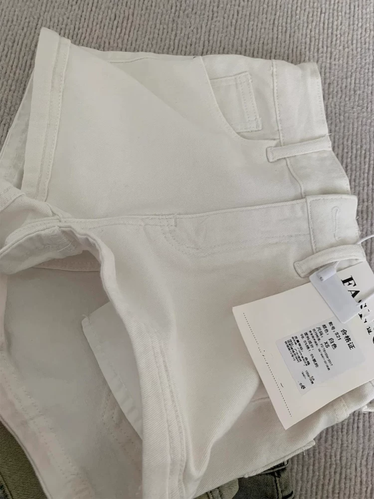 Quần short denim trắng dành cho nữ, mùa hè, cỡ lớn, lưng cao, co giãn, giảm béo, dáng quả lê, quần ống rộng chữ A kiểu hot girl